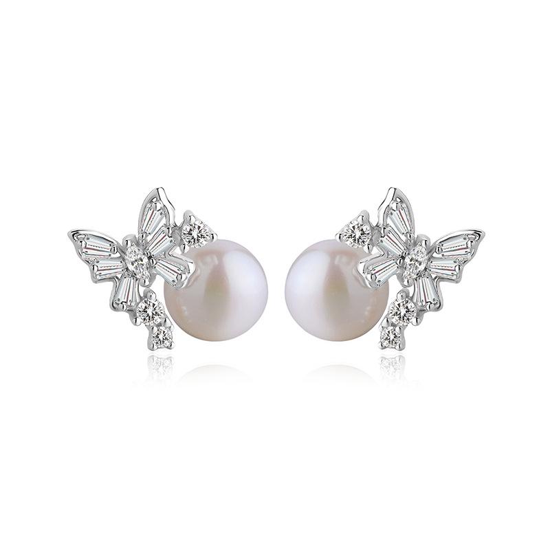 

Korean Asymmetric Butterfly Pearl Stud Earrings in Pure Silver S999 Pure Silver