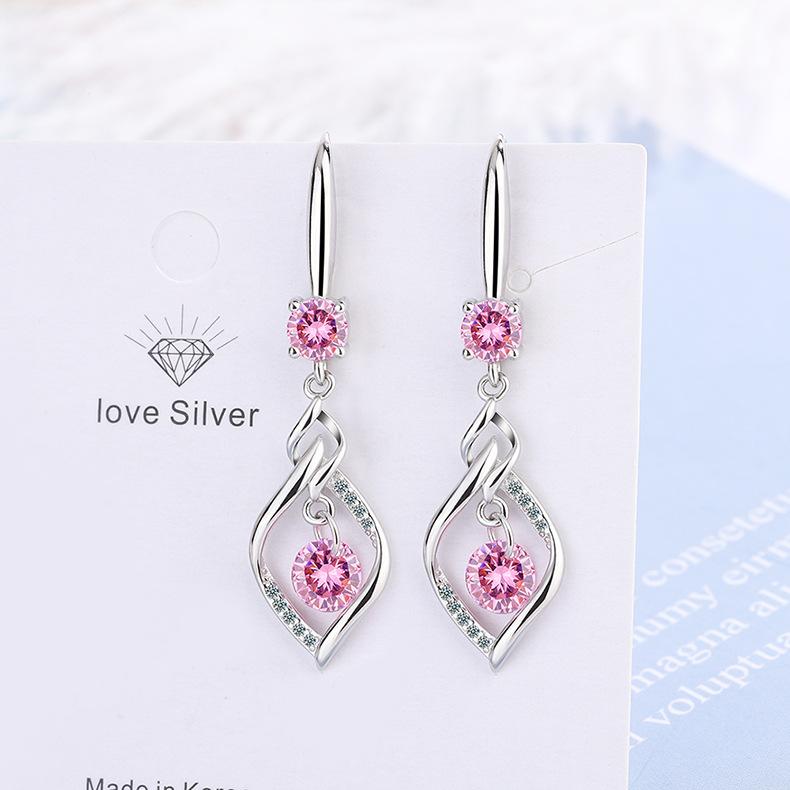 925 Silver Earrings Small Fresh And Sweet Pink Zircon Hollow Geometric Earrings Are Cute Gifts For Girls розовый