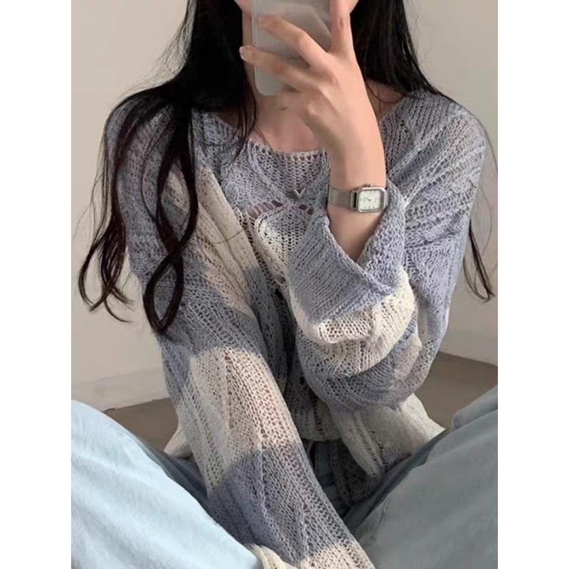 New Casual Twist Long Sleeved Striped Sunscreen Knitted Sweater Korean Style Women Retro Top Thin Hollow Out Loose Blouse O Neck Simple Clothing