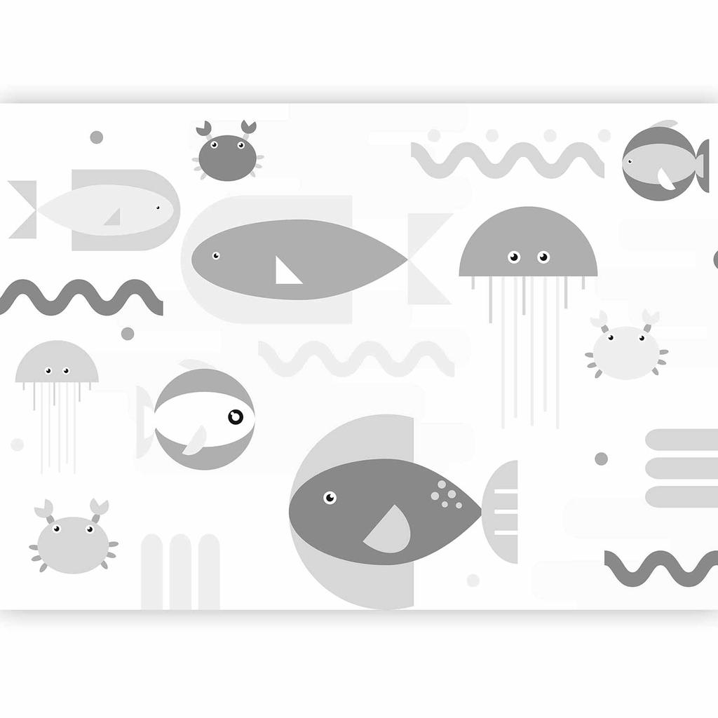 Fototapeta - Minimalistyczny Szary Ocean - Geometryczne Rybki W Wodzie Dla Dzieci