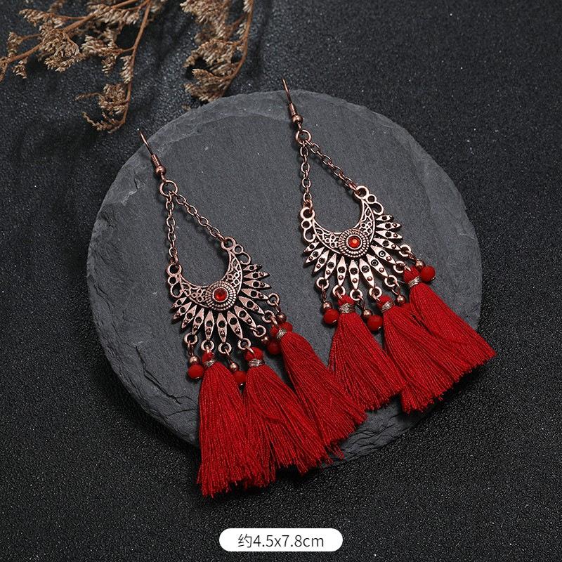Vintage Bohemian Red Tassel Earrings Female Long Temperament Earrings Vacation Photography Bridal Earrings