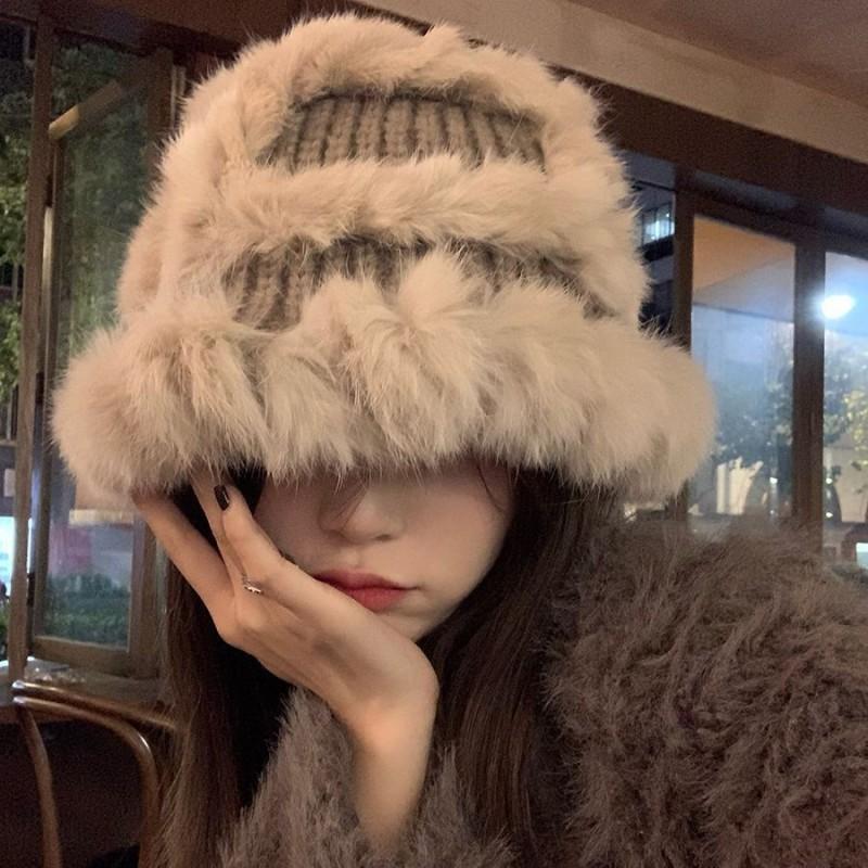 Fashion Rabbit Fur Patchwork Knit Bucket Hat Women Warm Fall Winter Large Head Size Face Slimming