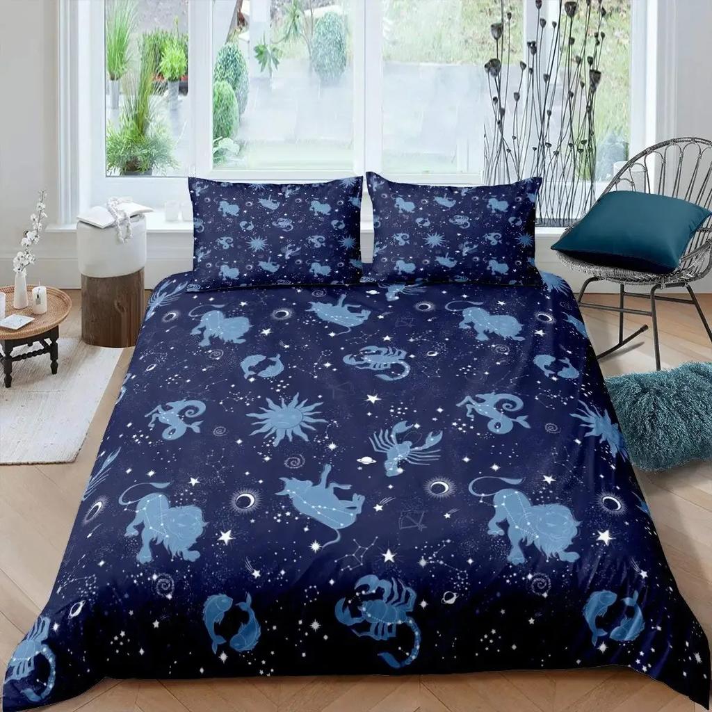 Sun and Moon Bedding Set Twelve Constellations Zodiac Duvet Cover Set for Boys Girls Astrology Comforter Cover Queen Size