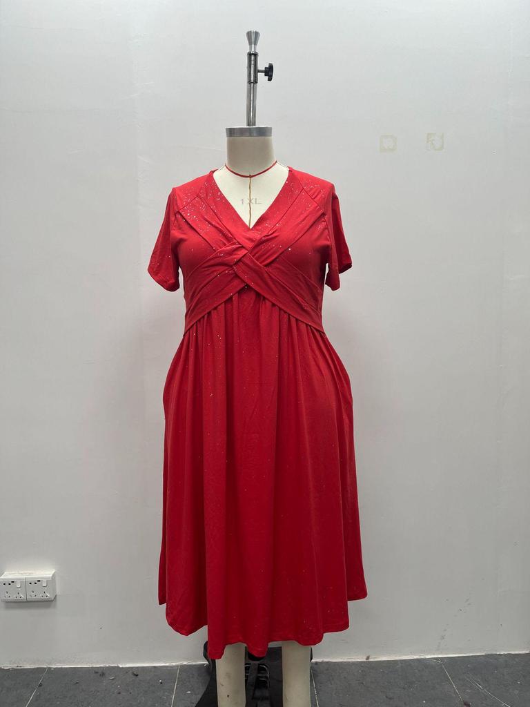 Rochie Elegantă cu Decolteu în V și Paiete, cu Curea Cristalizată Răsucită pentru Talie și Buzunar