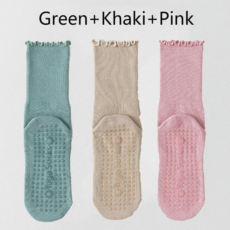 3 Pairs Solid Yoga Socks for Women Cotton Breathable Mid-calf Yoga Socks Pliates Sport Fitness Non-slip Grip Floor Socks Ruffle
