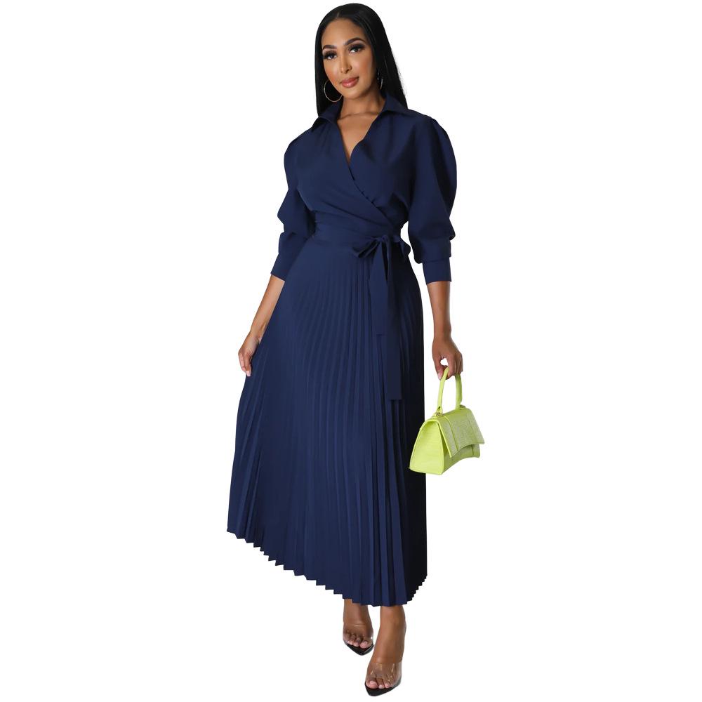 Cross-Border Europe Spring Long Sleeve Polo Collar High Waist Pleated Women's Casual Dress
