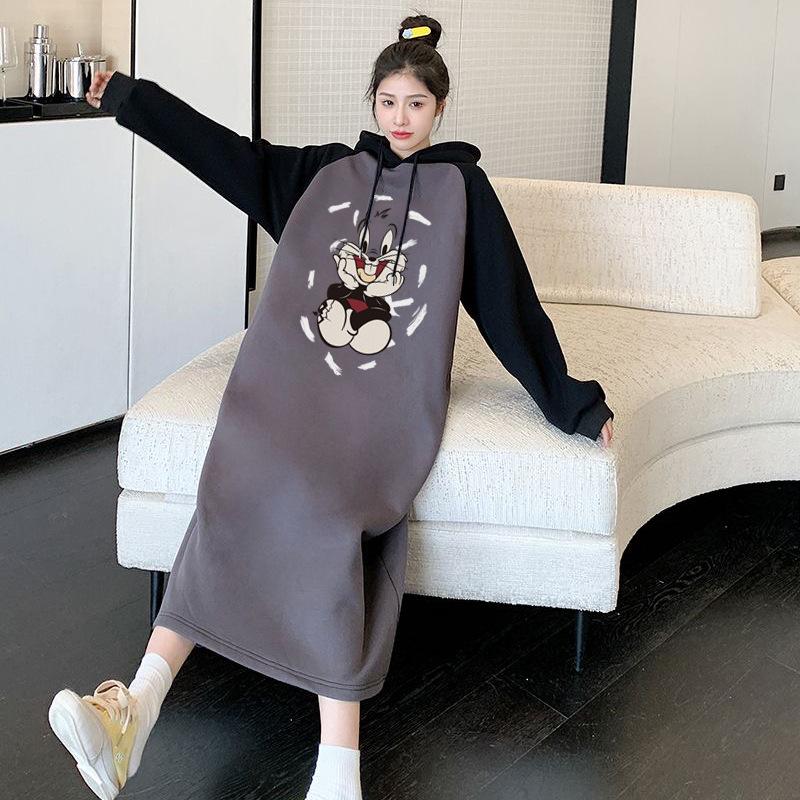 Autumn and winter thickened color matching hooded dress women's casual versatile loose and thin super long knee dress long dress