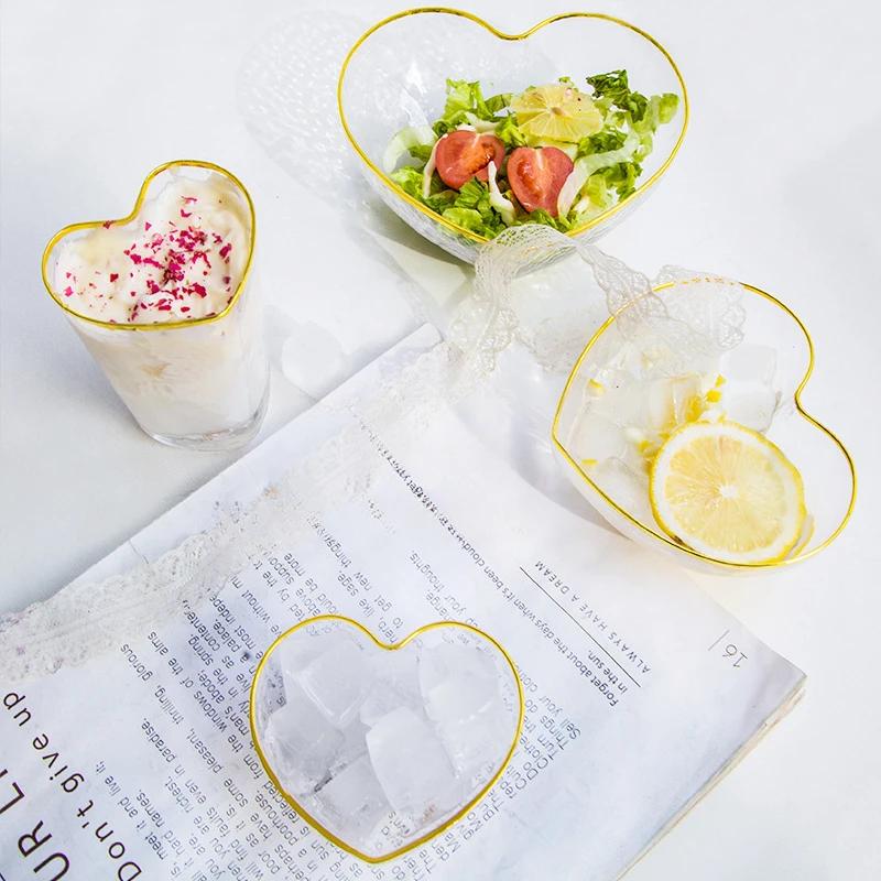 Gold Clear Crystal Glass Heart Shaped Bowl Heat Resistant Instant Noodles Bowls Cooker Tableware Kitchen Accessorie