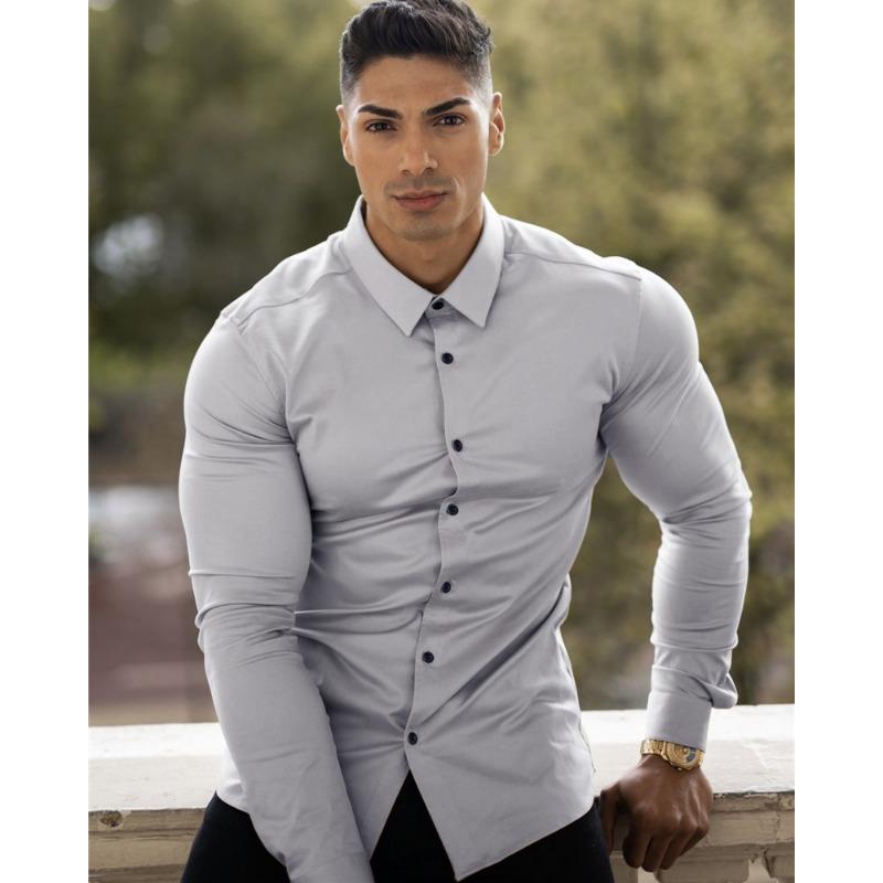 Men Muscle Slim Fit Long Sleeve Turn Down Collar Casual Sports Fitness Shirt