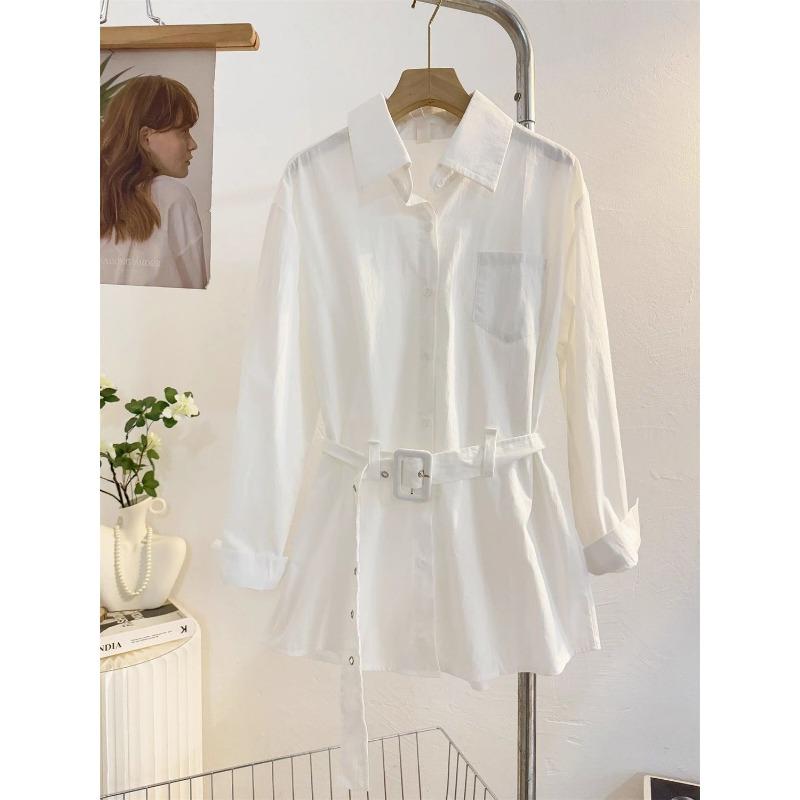 Women's White Oversized Button Down Shirt with Belt Long Sleeve Pocket Loose Blouse