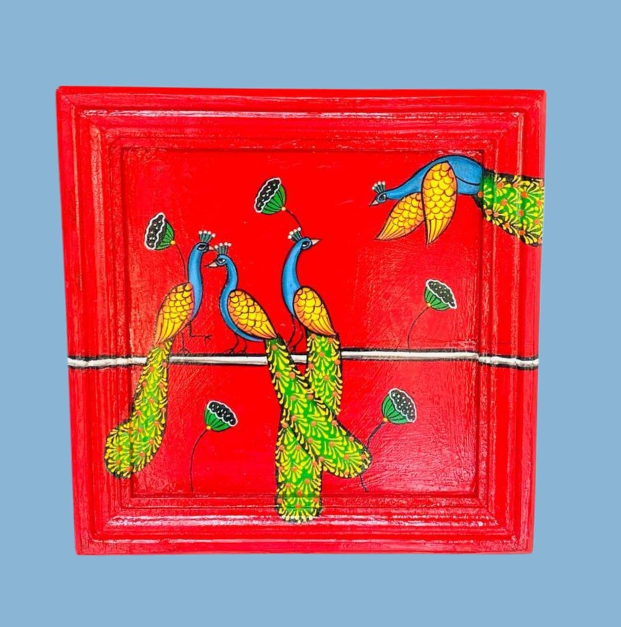 

Hand-Painted Peacock Wooden Frame: Indian Folk Art Wall Decor 18” X 9” X 24” (l x w x h) різнокольоровий