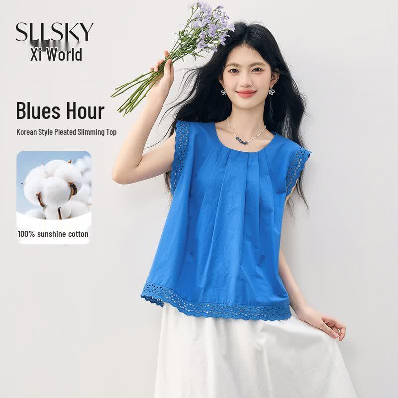 SLLSKY Women s Korean Style Blue Flutter Sleeve Lace Trim Blouse 2XL