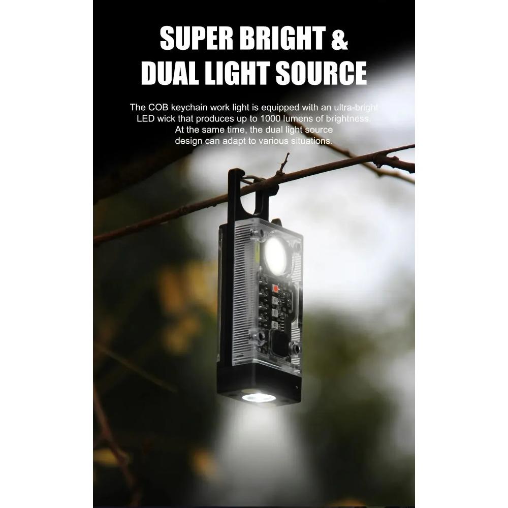 COB Keychain Work Light with Dual Light Source Rechargeable Solar Powered 9 Mode Magnet Base for Camping Fishing Repair Walk