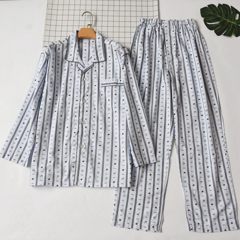 Foreign Trade Orders Exported To Japan Summer and Autumn Thin Men's Woven Pure Cotton Printing Comfortable Long Sleeve Trousers Pajamas Home Wear Set