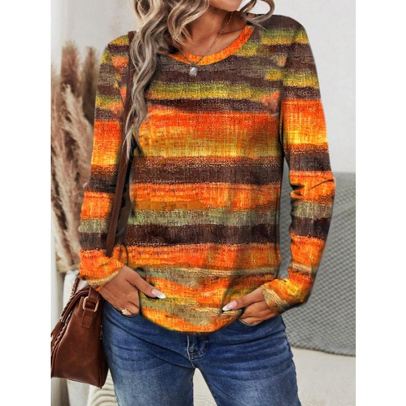 Fashionable Loose Casual Versatile Top Colorful Long Sleeved Round Neck Women's T-shirts