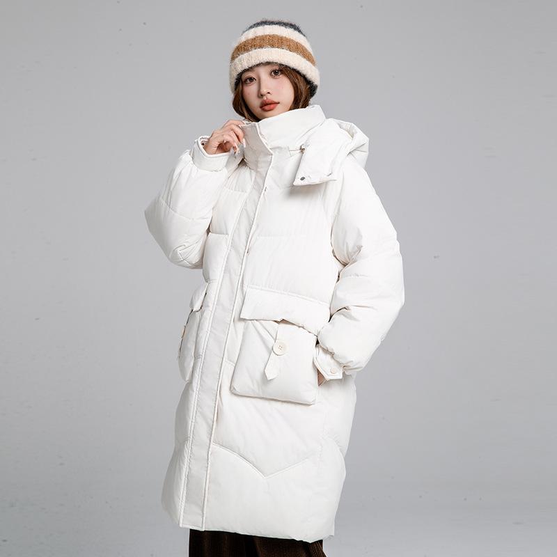 Women's Autumn and Winter Coat Solid Color Stand Collar Hooded Loose Thickened Windproof Mid-length Women's Jacket