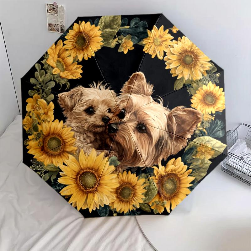 Sunflower Dog Pattern, Automatic Folding Umbrella, Portable and Foldable Design, 8 Ribs, a Christmas or Birthday Gift.
