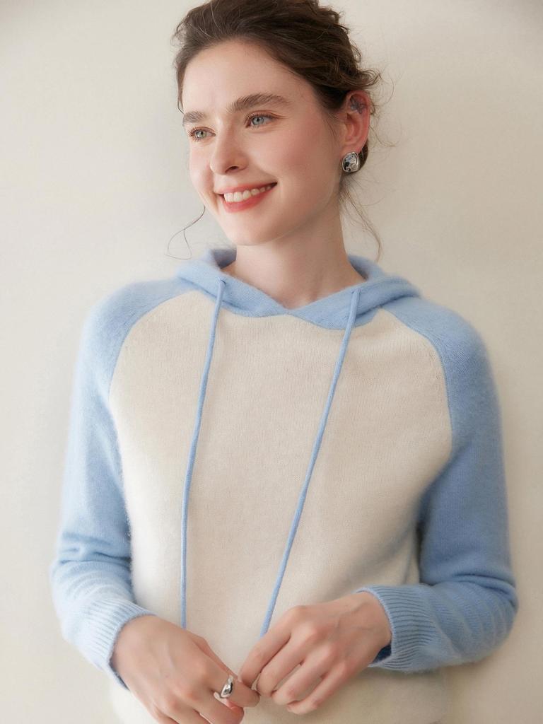 Women's High-End Color Block Hooded Cashmere Sweater - Loose, Thick, Raglan Sleeve Knitwear for Autumn/Winter Outerwear