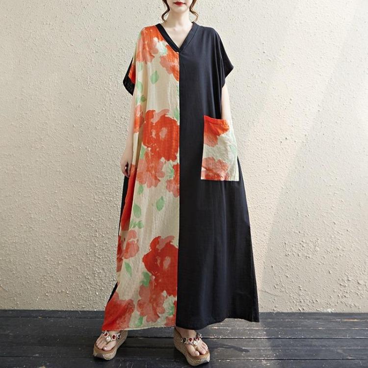

Vintage Floral Cotton Summer Dress for Women Plus Size Casual Loose Long Maxi Short Sleeve Dresses New In