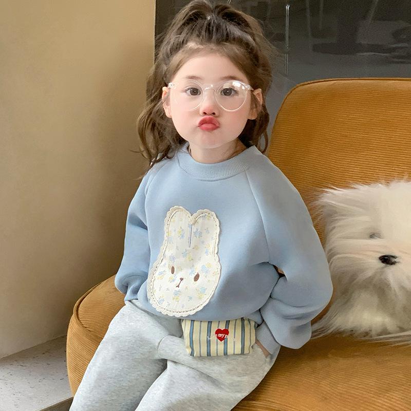 

Корейский осенне-зимний 2025 синий мультяшный флисовый свитшот и повседневные спортивные штаны для девочек 140 cm