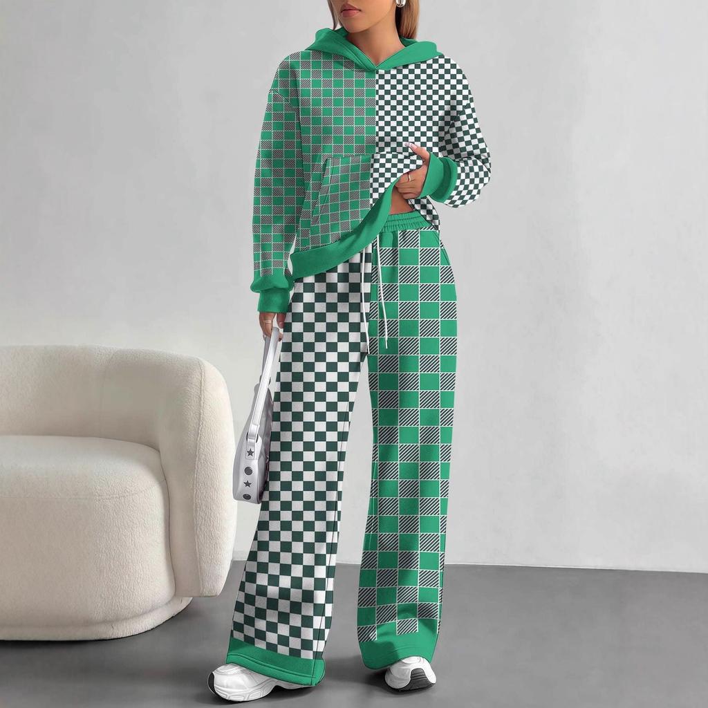 Square Splicing European, American Autumn and Winter Casual Long-sleeved Suit Women's Hooded Sweater Trousers Two-piece Set