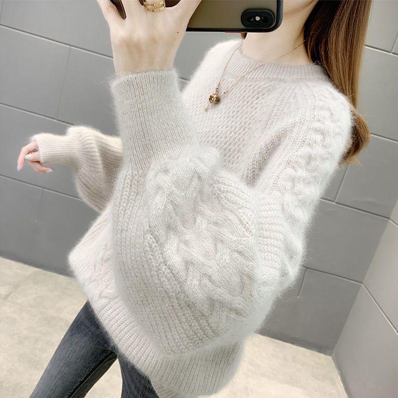 Maglione da Donna con Maniche a Lanterna Larghe Base Lavorata a Maglia Top a Fiore Intrecciato