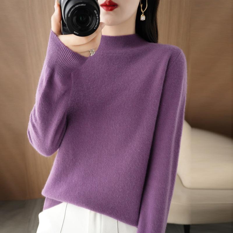 Autumn Winter Sweater Women's Korean Slim Pullover Sweater Half High Neck Knitted Sweater Short Style Solid Color Base Sweater Casual Sweater