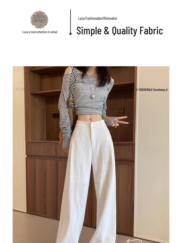 Women's High-Waisted Wide-Leg Linen Pants - White Summer Drape Style