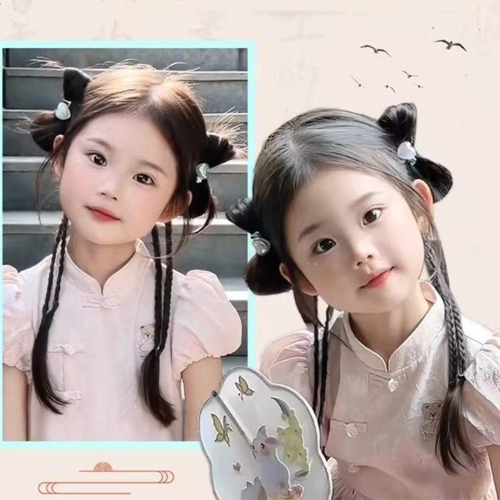 1 Pair Trendy Cute Children'S Wig Braid Bow Knot Sphere Head Hair Clip Double Ponytail Wig Fried Dough Twists Braid Female Use