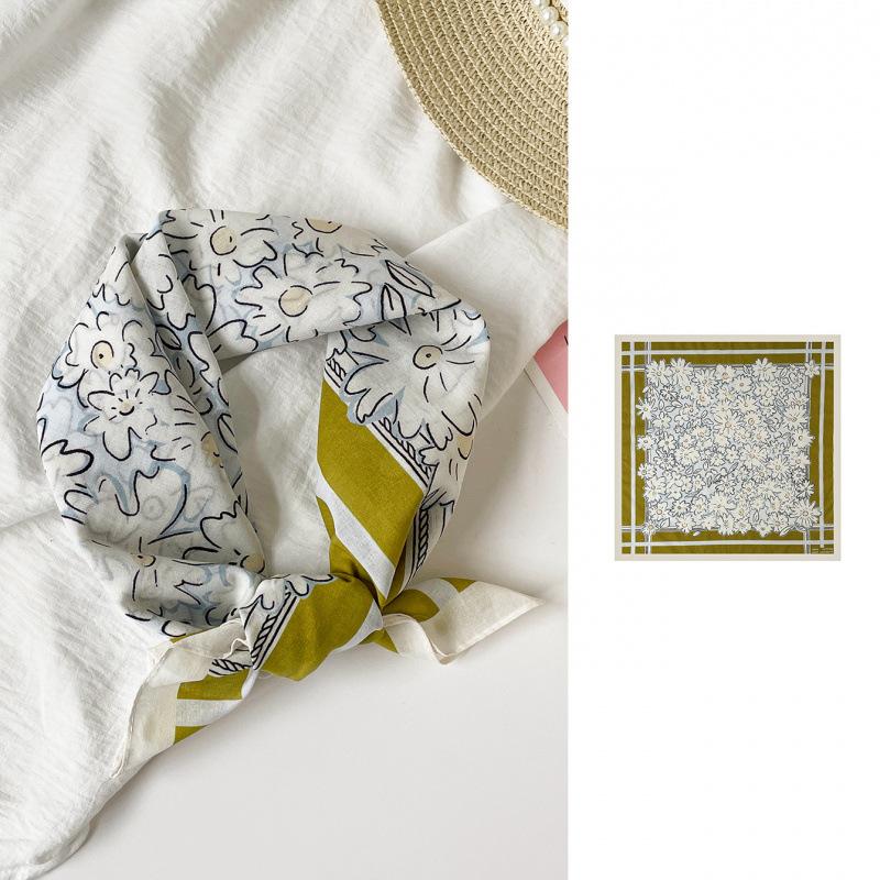 French Pastoral Small Scarf Silk Scarf Daisy Print 55 Square Scarf Elegant Women'S Silk Scarf Soft Cotton Headscarf Scarf