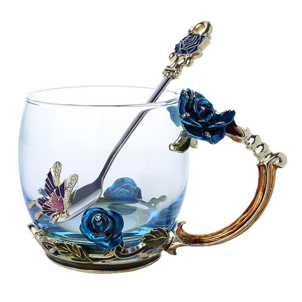 Rose Flower Cup Enamel Water Cup Heat-resistant Glass Cup Enamel Coffee Tea Cup Mug 3D Rose Butterfly Glass Cups Wedding Gift