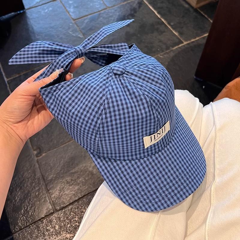 Letter plaid bow empty top baseball cap summer sun protection baseball cap bow long streamer curved brim cap