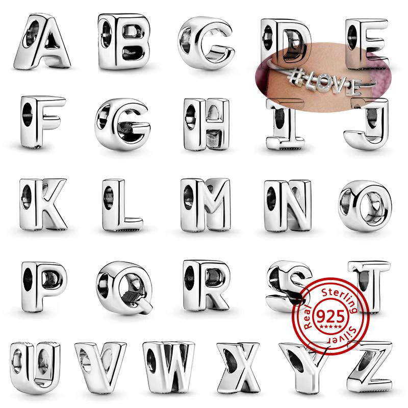 Heißer Verkauf 100% 925 Sterlingsilber 26 Buchstaben A~Z Alphabet DIY Namensperlen Passend für Original Pandora Charm Armband Armreifen Feiner Zirkon