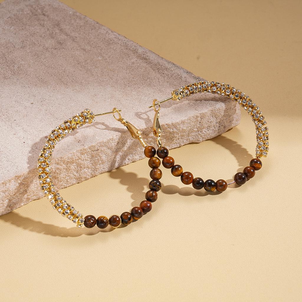 European and American diamond-set tiger's eye stone beaded round silver needle earrings Maillard autumn and winter retro earrings