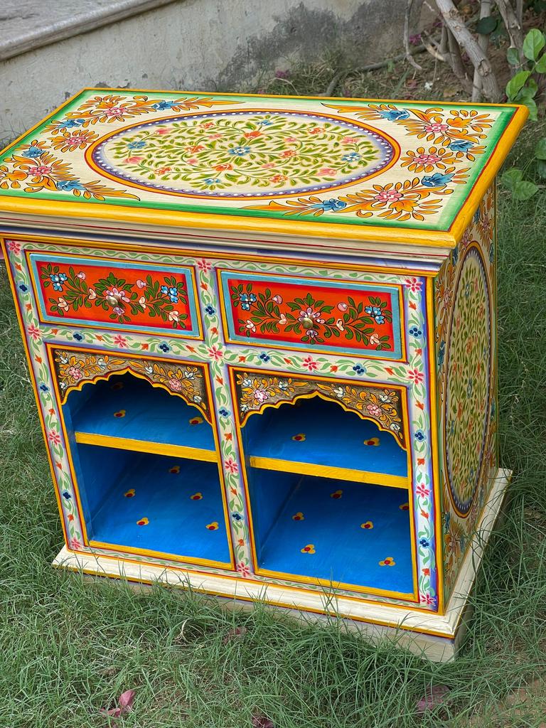 Wood Painted Bedside,Handicrafted Indian Drawer Desk Cupboard Cabinet Storage Bedroom Decor Furniture,Nightstand Sideboard Nightstand Table
