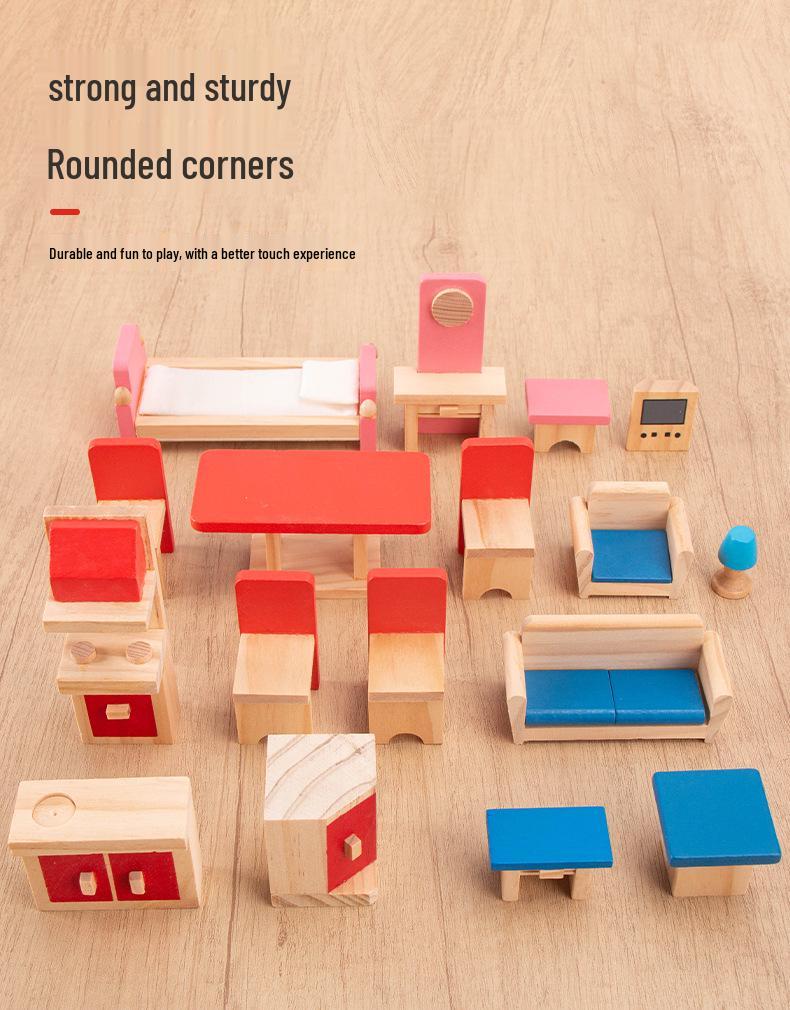 Wooden Doll Furniture Set: Mini Sofa, Cabinet, and Wardrobe for Child's Pretend Play