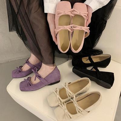 Inner Height Increase Square Head Pink Ballet Single Shoes Women's New Korean Version Fashion French Bow Fairy Style Mary Jane Shoes
