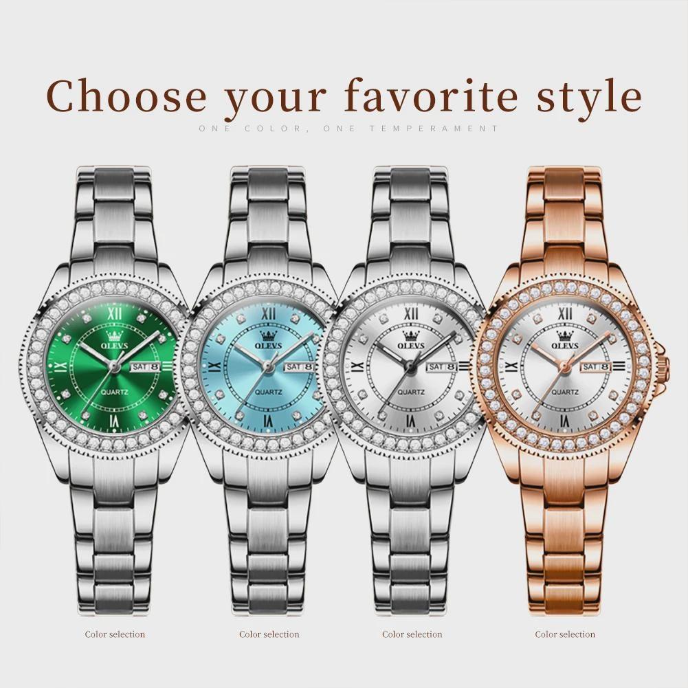 OLEVS Dámské hodinky Módní elegantní originální křemenné náramkové hodinky pro mladé dívky, ciferník s kamínky, datum, den v týdnu, vodotěsné, luminiscenční