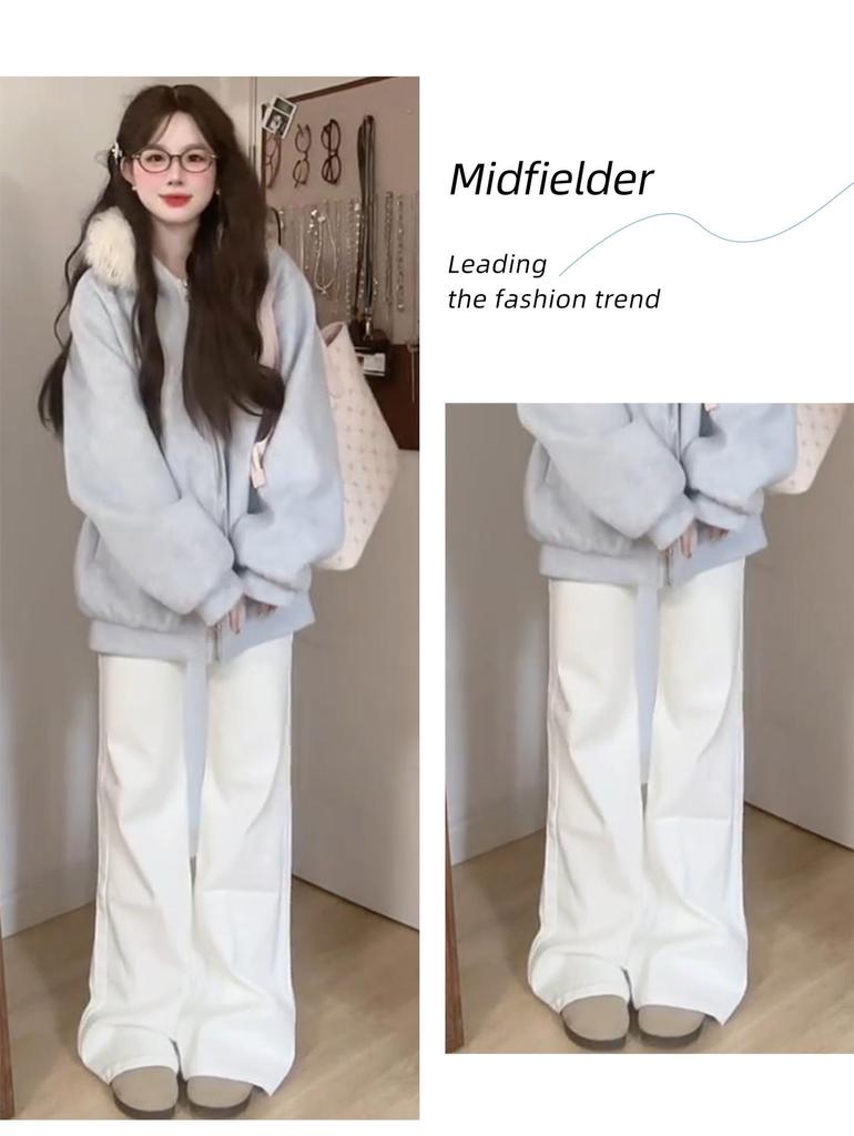 Winter 2025 Women's High-Waisted Pink Fleece-Lined Micro-Flare Sweatpants - Petite Size.
