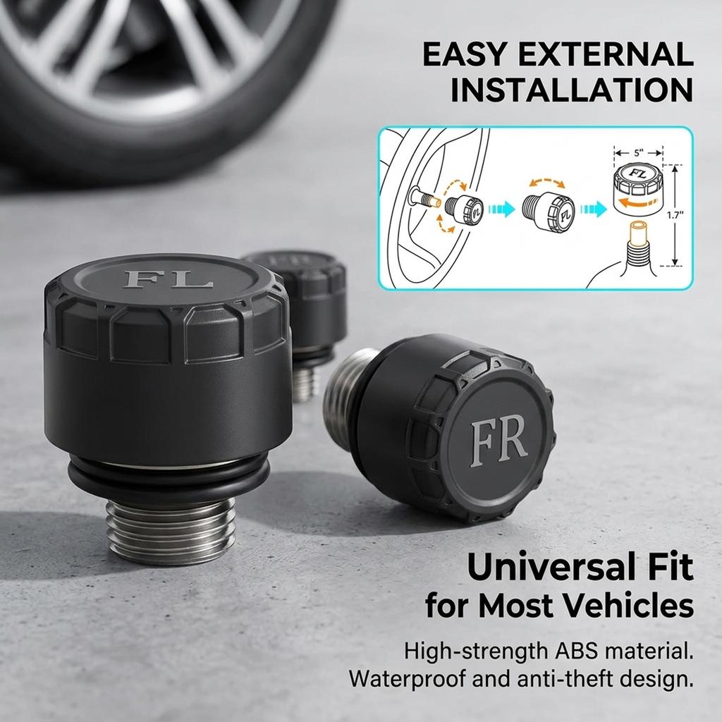 Tire Pressure Monitoring System Wireless Solar Powered with 4 External Sensors, Real-Time LCD Display, 6 Alarm Modes for RV Trailer Truck SUV