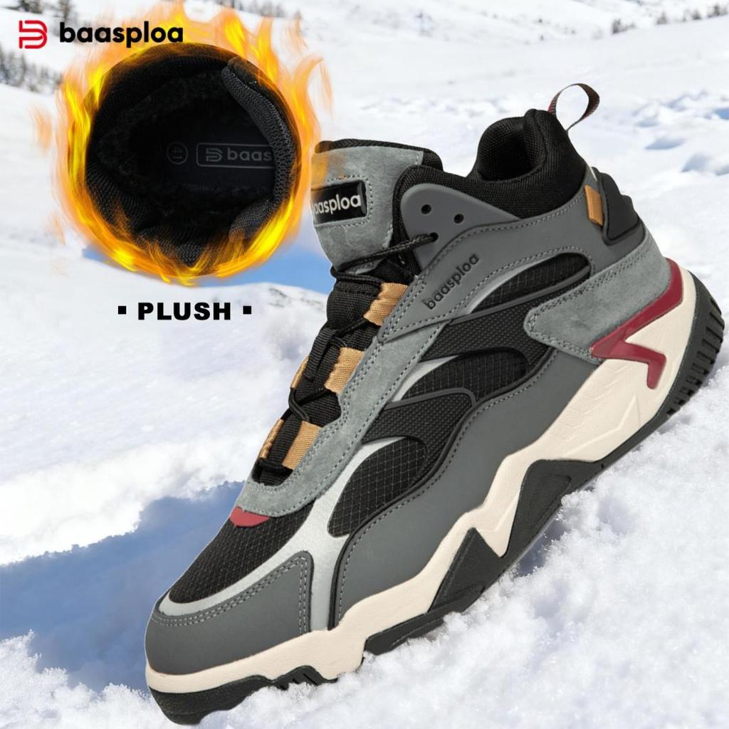 BAASPLOA Winter Men Sneakers Leather Casual Fashion Waterproof Sport Shoes for Man Plush Warm Male Sneakers Non-Slip Outdoor Casual Sports Shoes