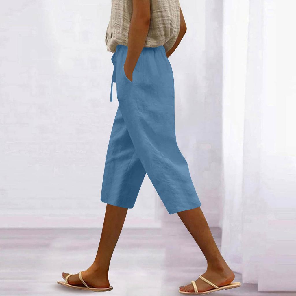 Women’s Linen Cropped Wide Leg Pants with Elastic Waistband and Drawstring Loose Fit Lightweight Trousers for Casual Wear