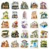 50 Stück Künstlerische Kleinstadt-Landschaftsaufkleber - INS-Stil Haus- & Gebäude-Designs, Wasserdichte DIY-Journalkarten