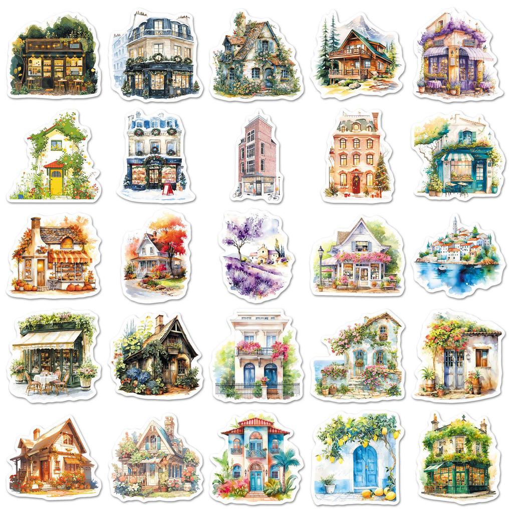 50 Stück Künstlerische Kleinstadt-Landschaftsaufkleber - INS-Stil Haus- & Gebäude-Designs, Wasserdichte DIY-Journalkarten