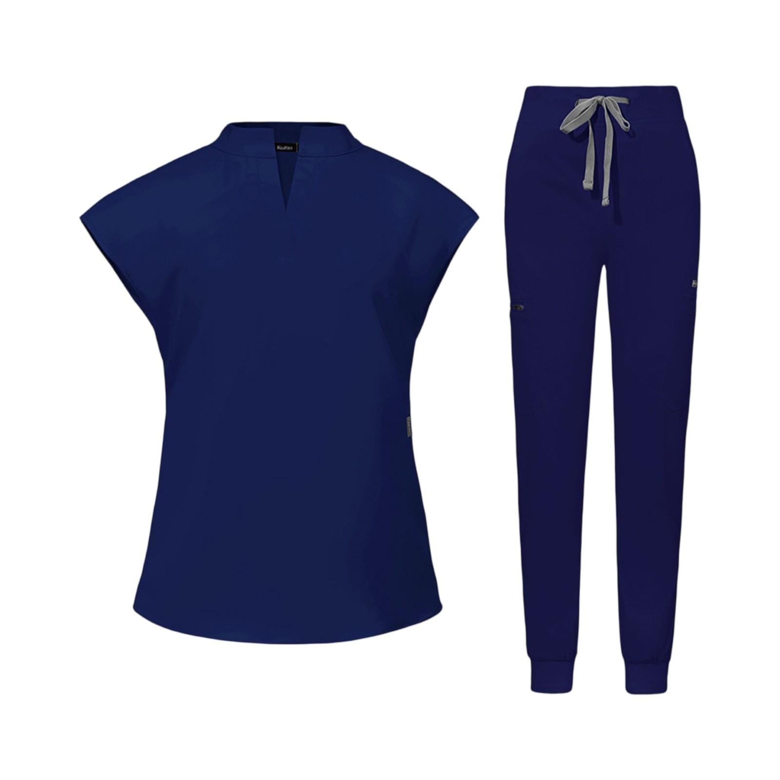 

Women s Short Sleeved Color Pocket Top Pants Work Clothes Two Piece Set Set XL Темно-синій