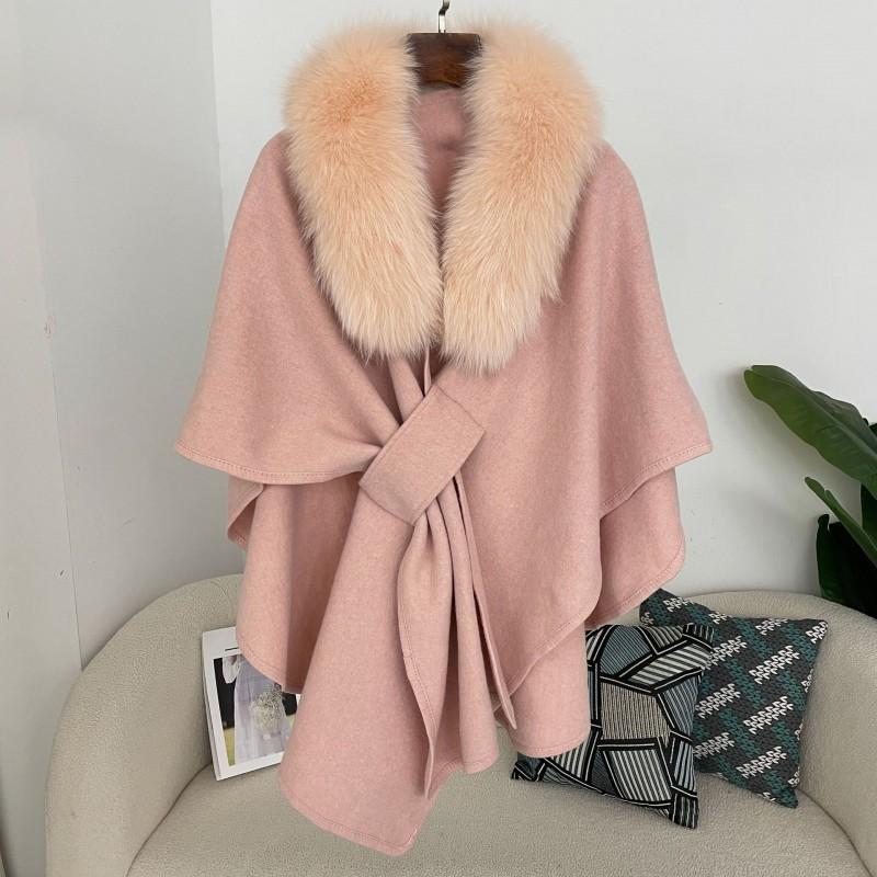 Womens Winter Wool Blend Cape Shawl Cardigan With Faux Fur Collar Loose Fit Oversized Knit Coat