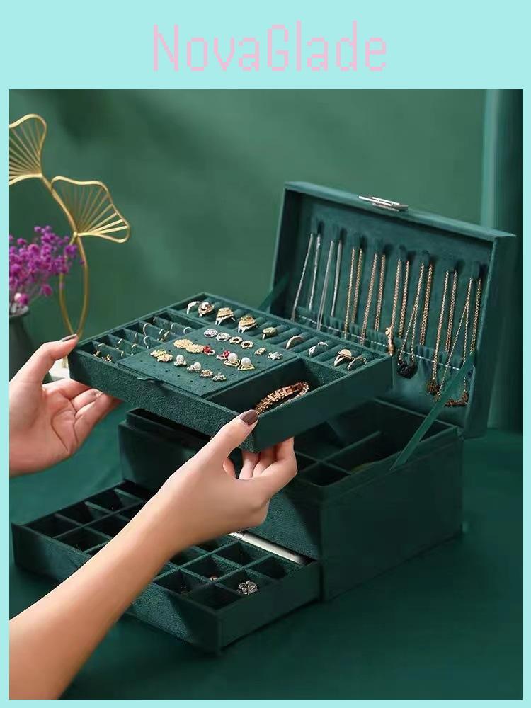 High-end Three-layer Green Jewelry Box With Lock Velvet Earrings Necklaces Bracelets Storage Box Large Capacity