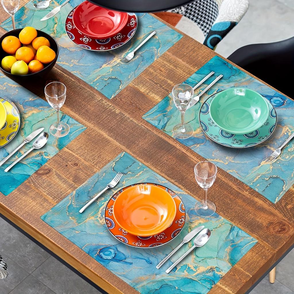 4PC Teal Placemats Turquoise Blue Thick Place Mats Decorative Peacock Table Mat For Dining Table Kitchen Home Decor