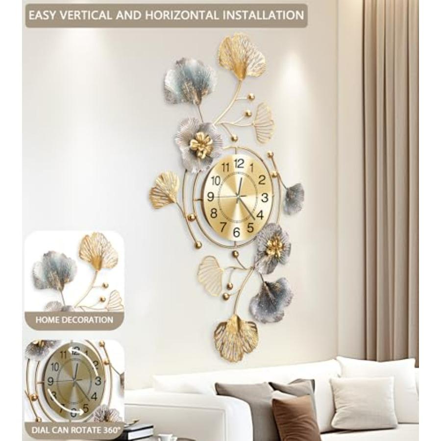 Large 3D Silent Wall Clock for Living Room Bedroom Kitchen Decor Retro Metal Ginkgo Leaf Design In Golden Color 32''x18''