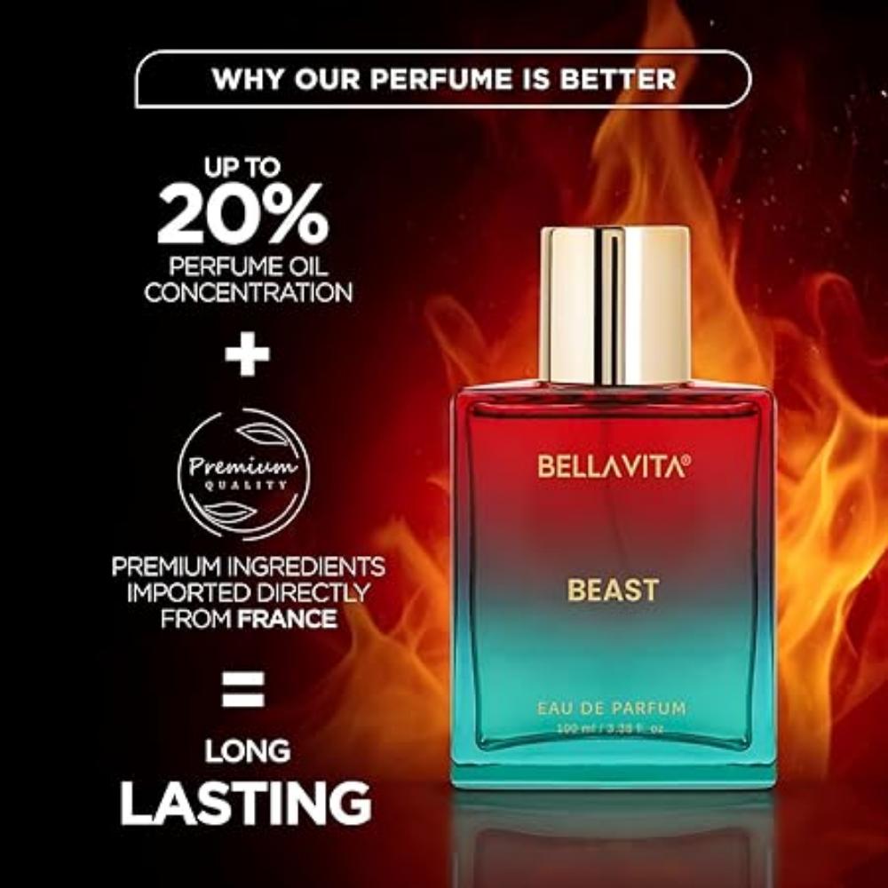 BELLAVITA Newly Launched Beast | Long Lasting EDP 100ml Perfume for Man and Woman | Raspberry, Patchouli and Rose | Premium Fragrance